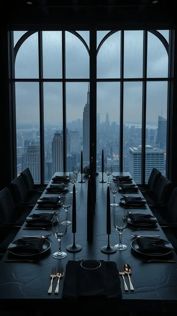 A luxurious table setting in a Gotham-inspired apartment with a city skyline view, featuring dark tableware and candlelight.