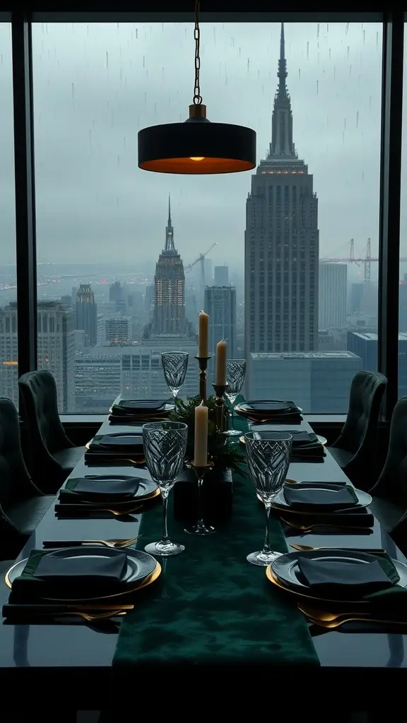 A luxurious dining table set against the Gotham skyline, featuring velvet table runners, crystal glassware, and elegant decor.