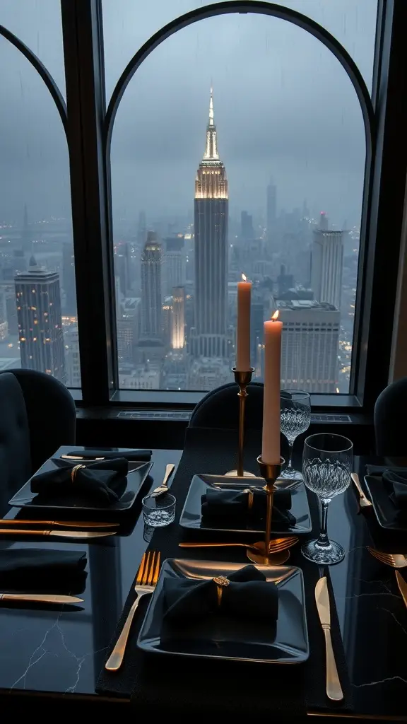 A minimalist noir table setting with black plates, gold cutlery, and a view of the Empire State Building through rain-streaked glass.