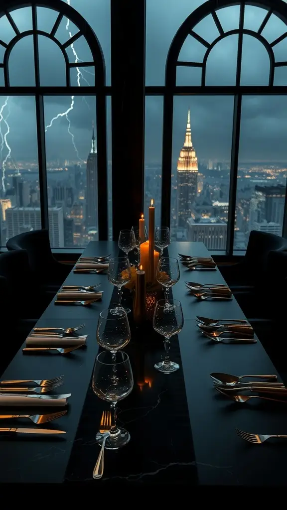 A luxurious dining table set against a stormy Gotham City skyline, featuring elegant tableware and candlelight.