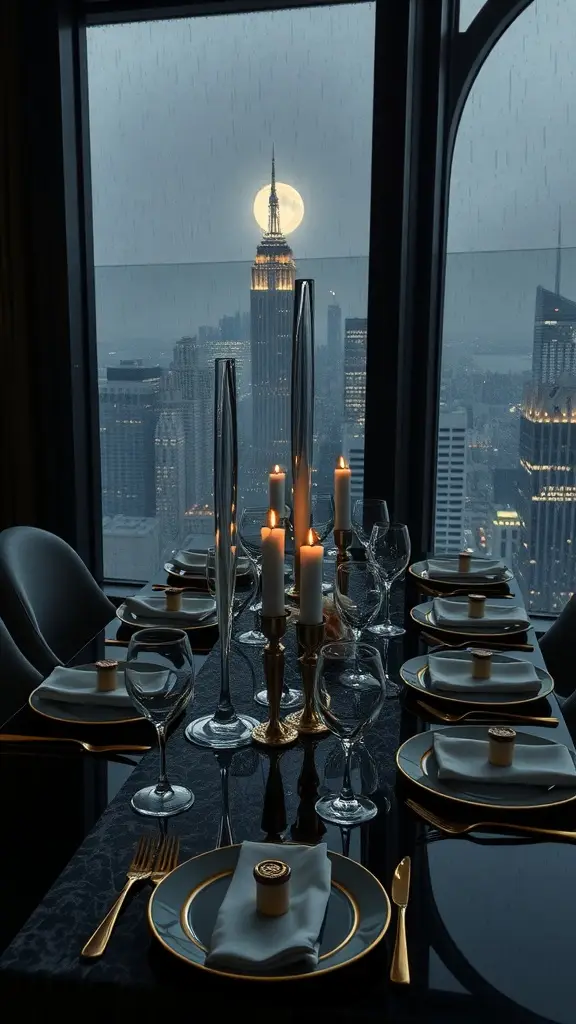 A luxurious dinner table set against a Gotham City skyline, featuring elegant tableware and candlelight.