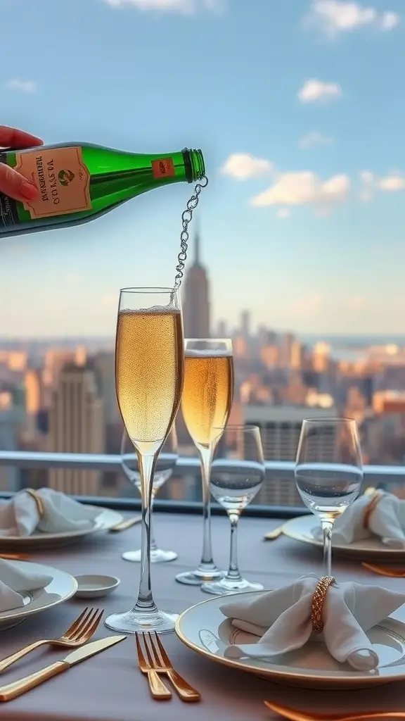 Elegant table setting with Gotham skyline view, featuring gold-rimmed plates, crystal glassware, and candlelight.