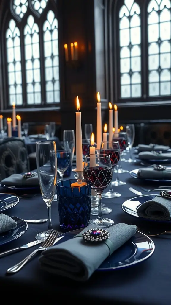 A luxurious dining table set in a Gotham City apartment with a view of the skyline, featuring elegant tableware and candlelight.