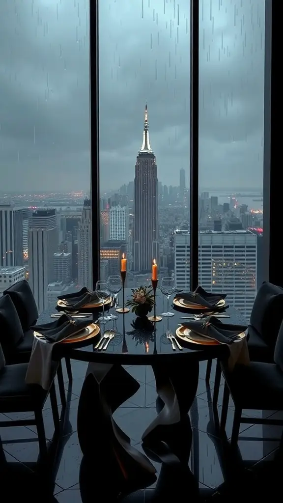 A luxurious dining table set in a high-rise apartment with a view of the Empire State Building, featuring elegant tableware and candlelight.