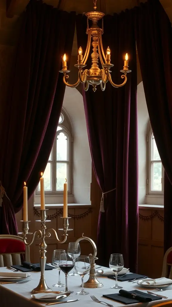A luxurious dinner table set in a Gotham City apartment with a view of the skyline, featuring elegant tableware and candlelight.