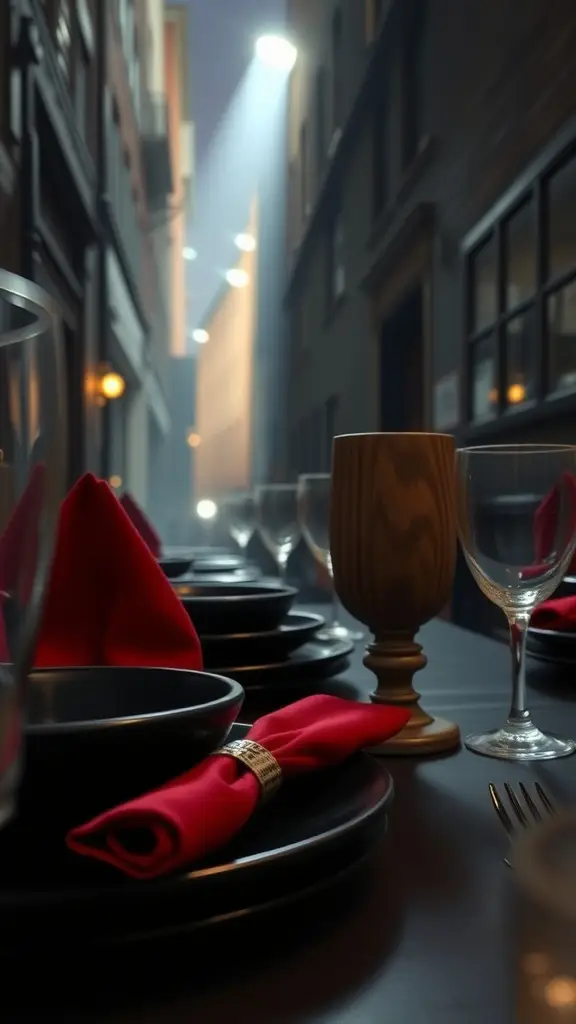 A moody dinner setting with red napkins, candlelight, and a view of the Gotham skyline through rain-streaked glass.