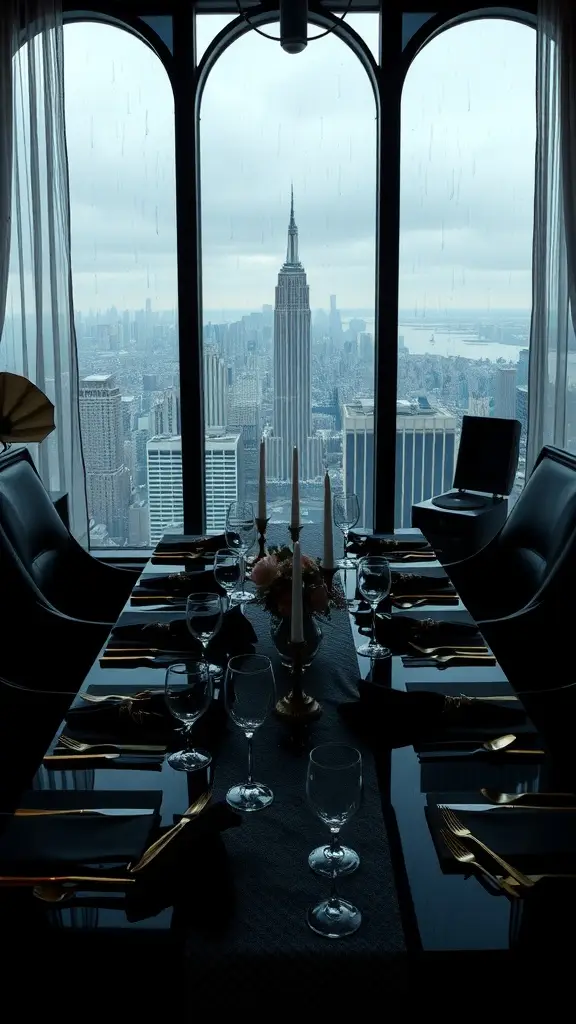A luxurious table setting with a view of the Gotham skyline, featuring elegant tableware and candlelight.