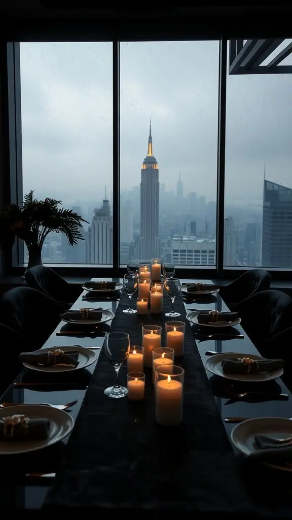 Elegant table setting with candles and skyline view