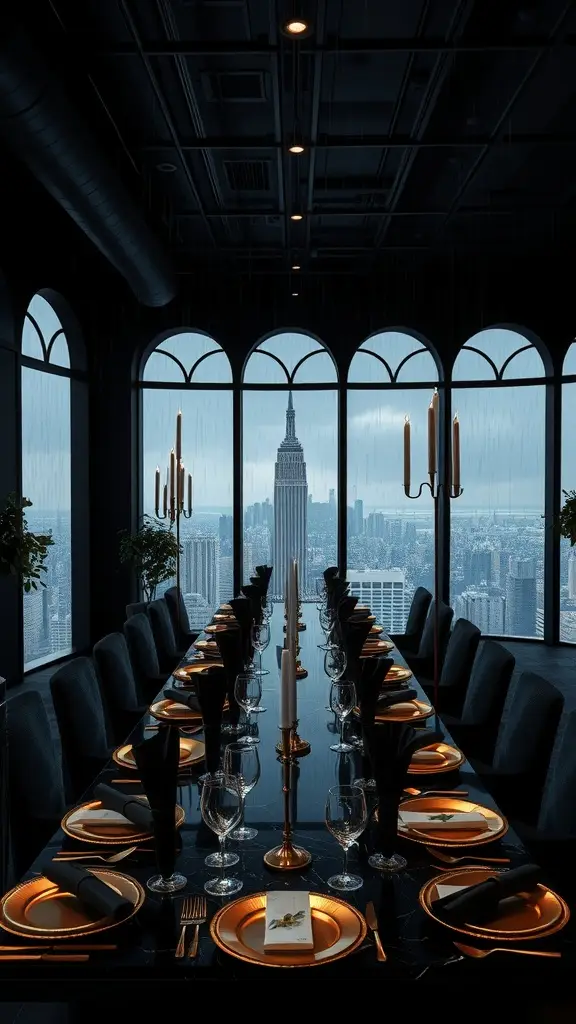A luxurious dining table set in a Gotham City apartment, featuring crystal and gold tableware, candlelight, and a view of the skyline.
