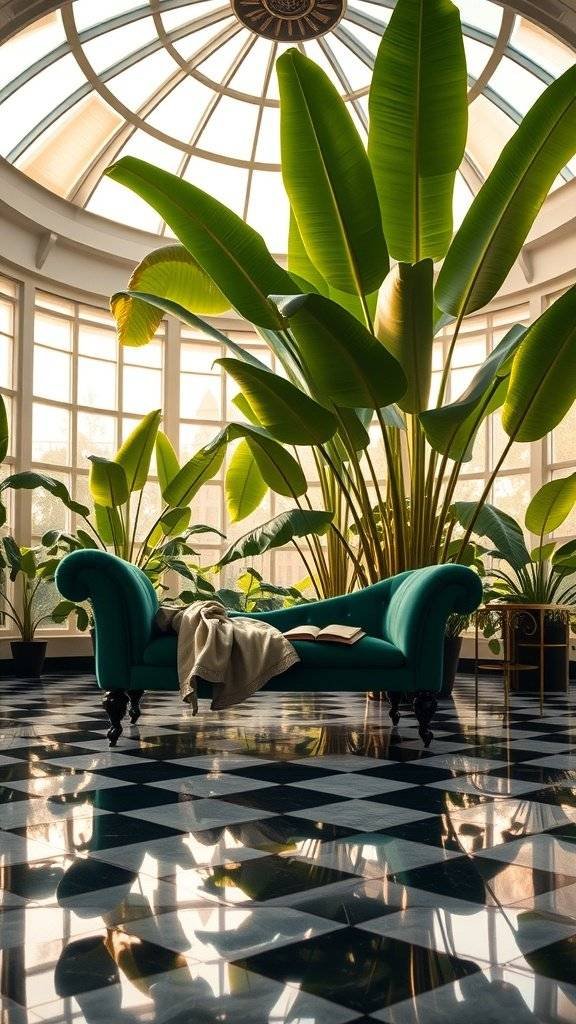 A vibrant greenhouse with large plants, a teal sofa, and a checkered floor, reflecting light.