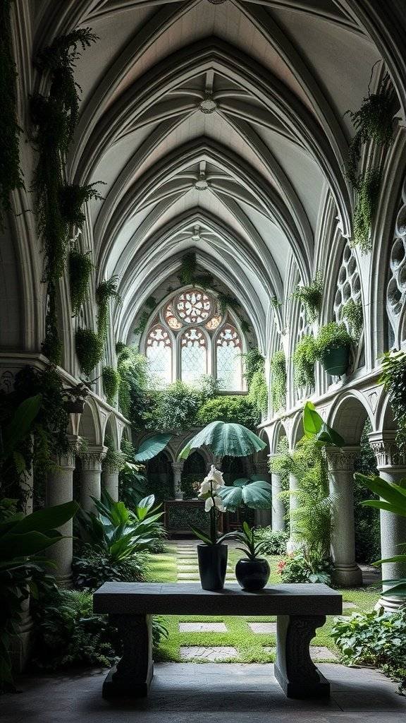 A stunning wall garden cathedral featuring lush greenery, stone arches, and elegant furnishings.