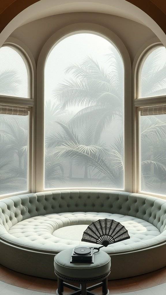 A cozy sunroom with tufted green seating, brass light fixtures, and lush plants.