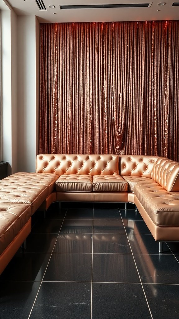 A stylish rose gold couch with tufted design against a sequined backdrop in a modern living space.