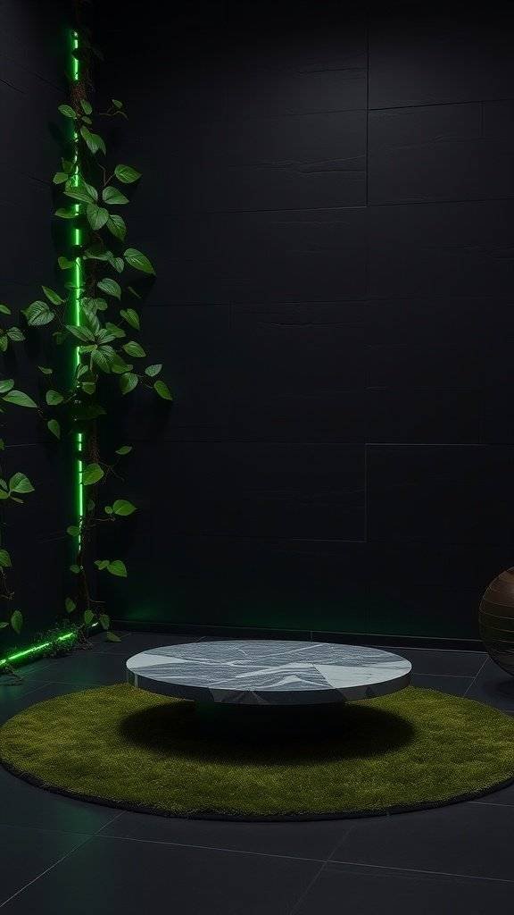 A modern lounge with dark walls, a round marble table, and green vines, creating a lush and moody atmosphere.