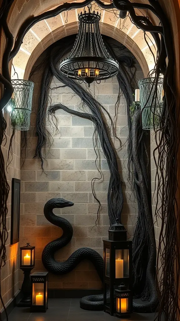 A moody interior featuring a chandelier surrounded by dark vines, a black snake, and glowing lanterns.