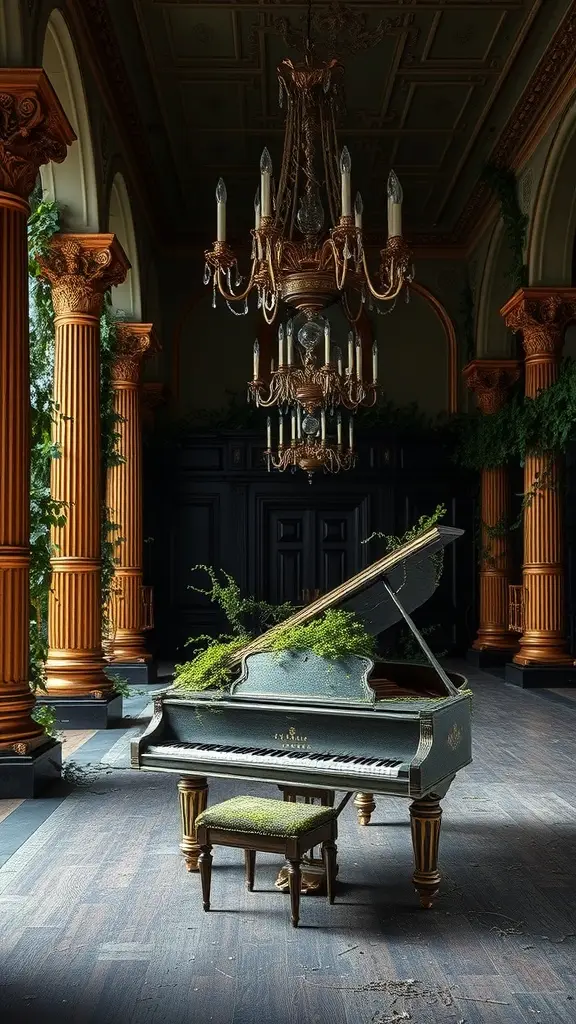 A grand ballroom with a vintage piano covered in greenery, surrounded by ornate columns and a chandelier.
