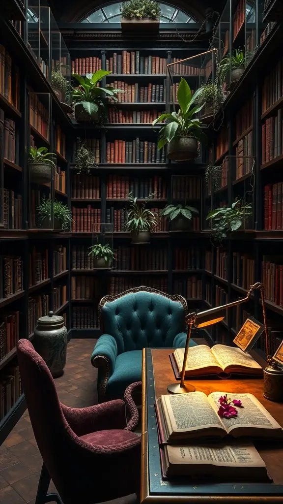 A cozy library with lush plants, rich bookshelves, and inviting chairs, creating a moody and beautiful atmosphere.