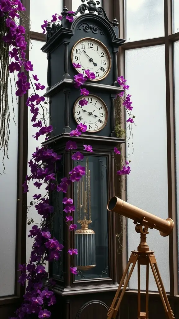 A beautifully designed clock surrounded by purple orchids in a sunroom setting.