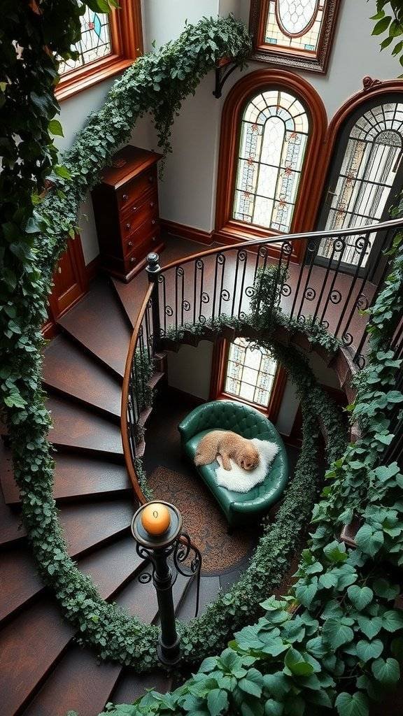 A spiral staircase adorned with ivy, featuring a cozy reading nook at the top.
