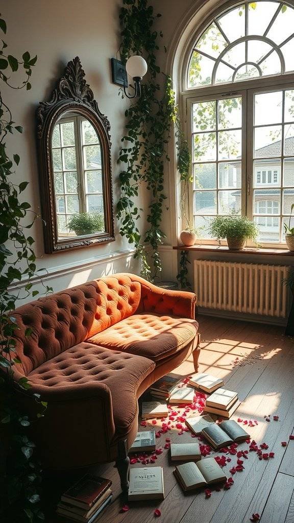 A cozy lounge with a velvet sofa, scattered books, and vines climbing the walls, illuminated by sunlight.