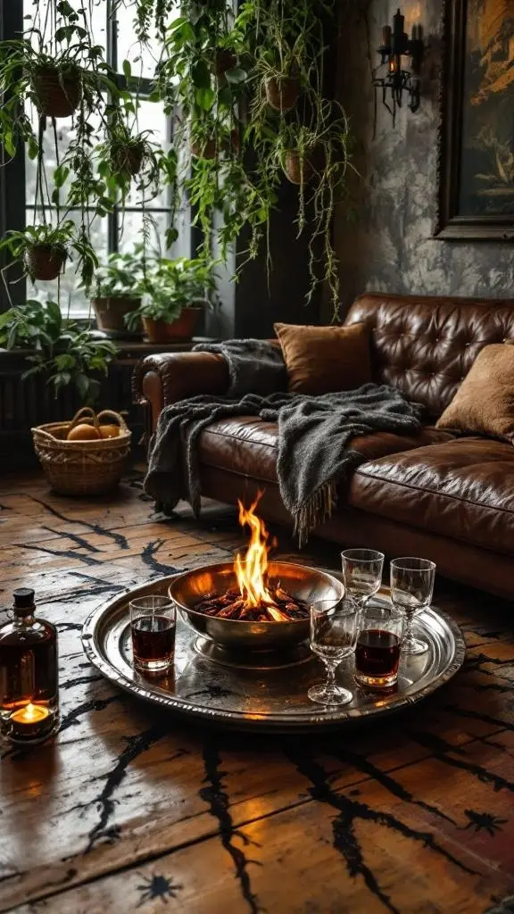 A cozy living space with a couch, hanging plants, a fire centerpiece, and elegant glassware.