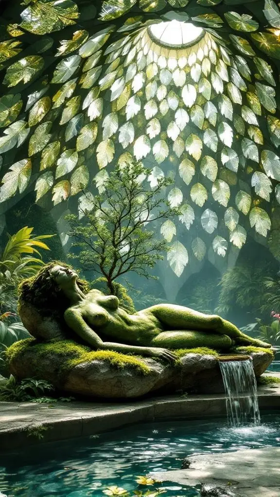 A beautifully designed solarium featuring a central sculpture, surrounded by lush greenery and a glass ceiling.
