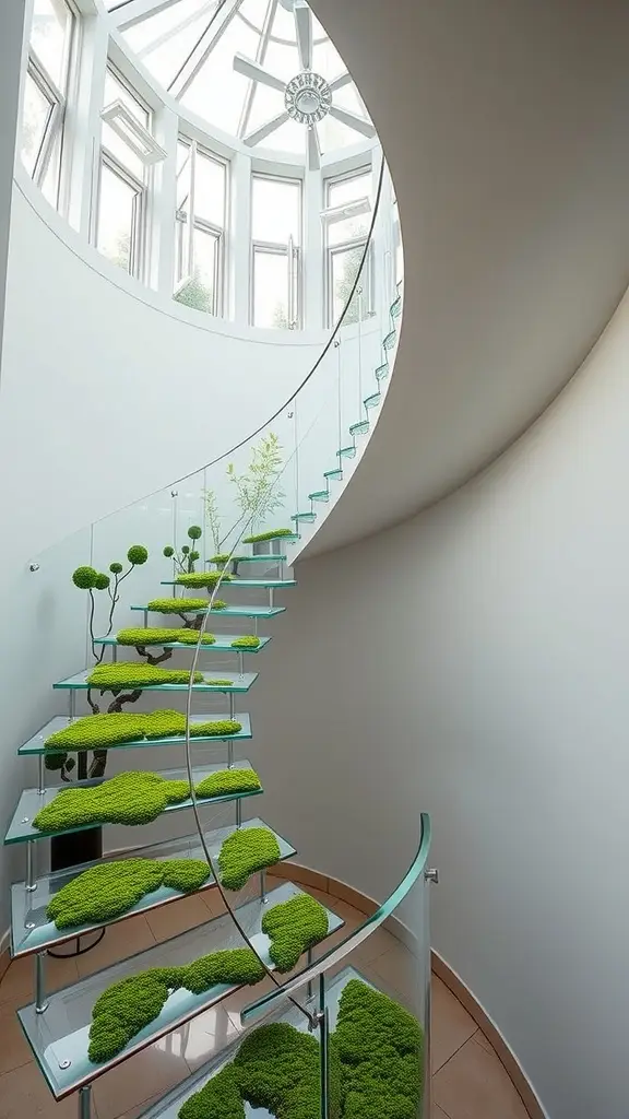 A spiral staircase with glass steps and green moss, leading to a bright sunroom with large windows.