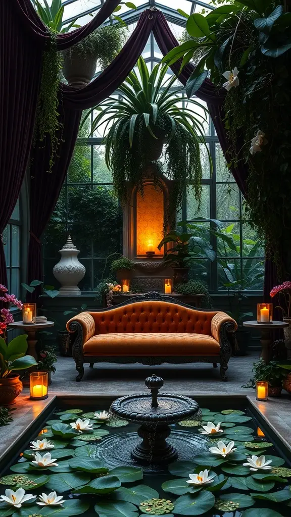 A luxurious sunroom with a fountain, water lilies, and lush greenery, featuring a velvet lounge and elegant decor.