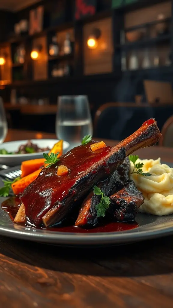 A plate of rich braised short ribs served with mashed potatoes and carrots, set in a cozy dining atmosphere.