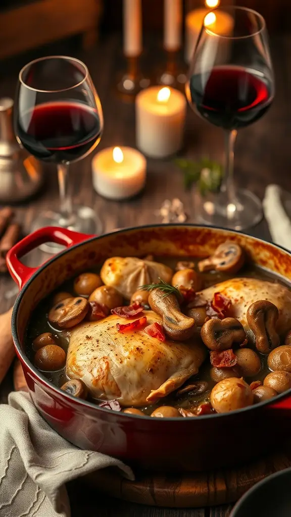 A pot of Coq au Vin with chicken, mushrooms, and pearl onions, surrounded by candles and glasses of red wine.