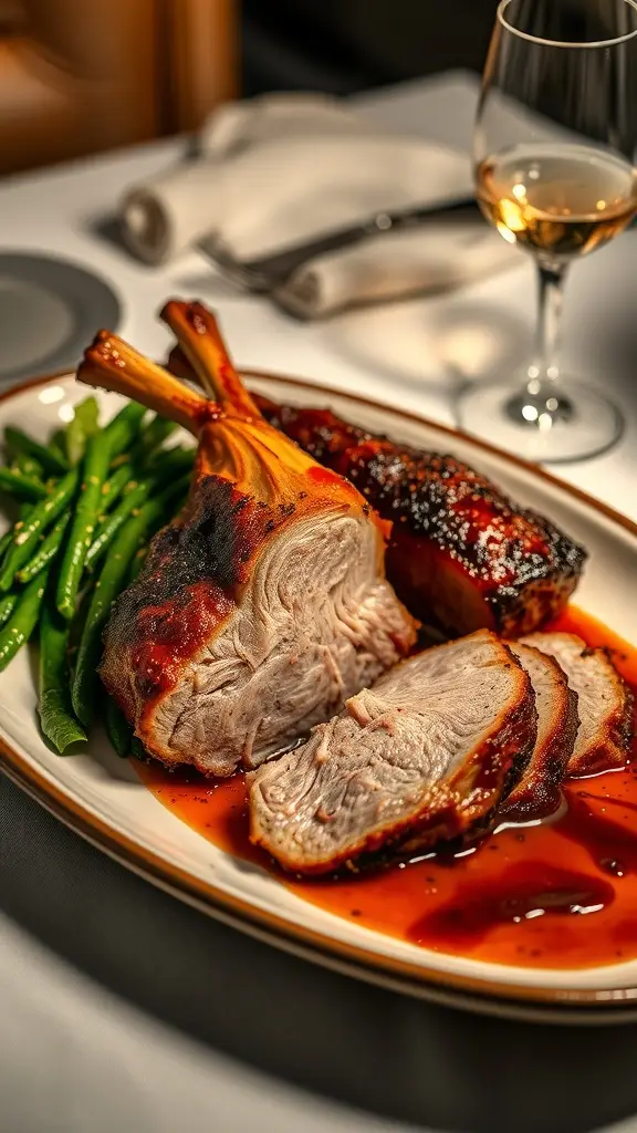 A beautifully plated duck confit with crispy skin, accompanied by green beans and a glass of white wine.