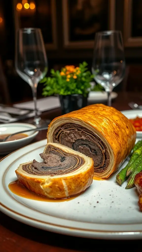 A beautifully plated Beef Wellington with a golden crust, served with asparagus and sauce.