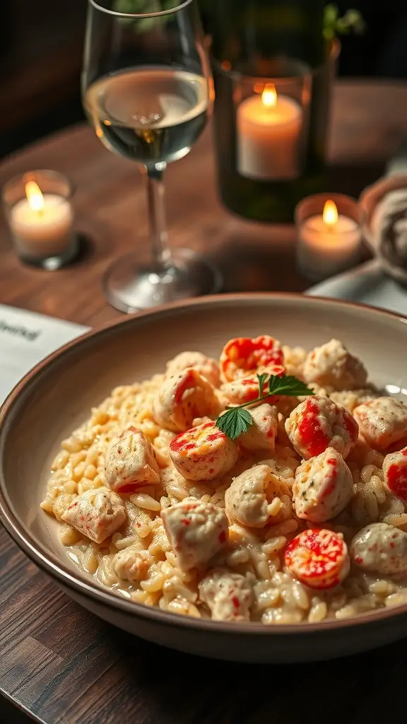 A creamy lobster risotto served in a bowl, accompanied by a glass of white wine and candles, creating a warm and inviting dinner setting.