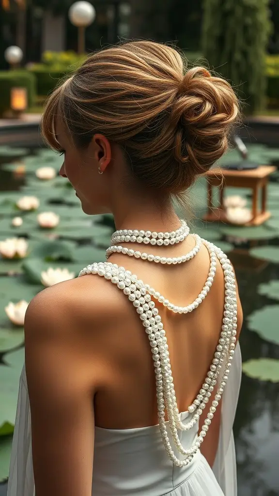 A woman with a pearl drape updo hairstyle, showcasing pearls cascading down her back near a lily pond.
