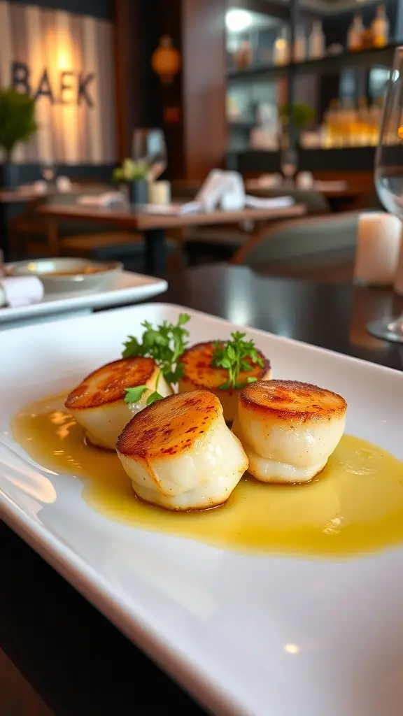 A plate of seared scallops with herb butter, garnished with parsley, served in a stylish restaurant setting.