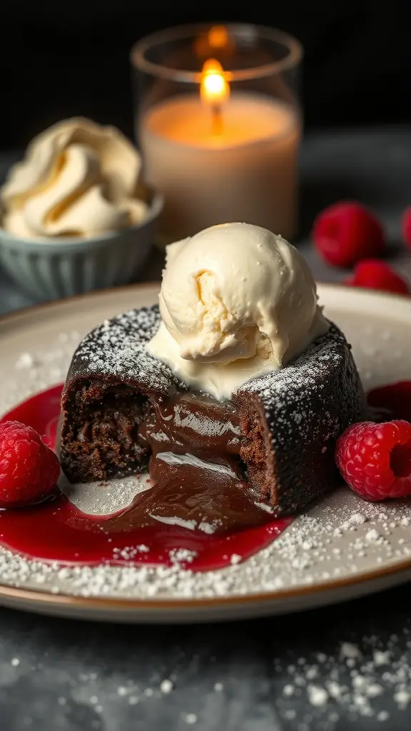 A delicious chocolate lava cake with molten chocolate center, served with vanilla ice cream and raspberries.