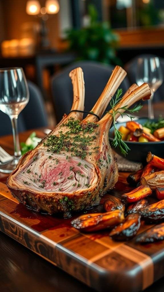 Aromatic herb-crusted rack of lamb on a wooden board with roasted vegetables, set in an elegant dining setting.