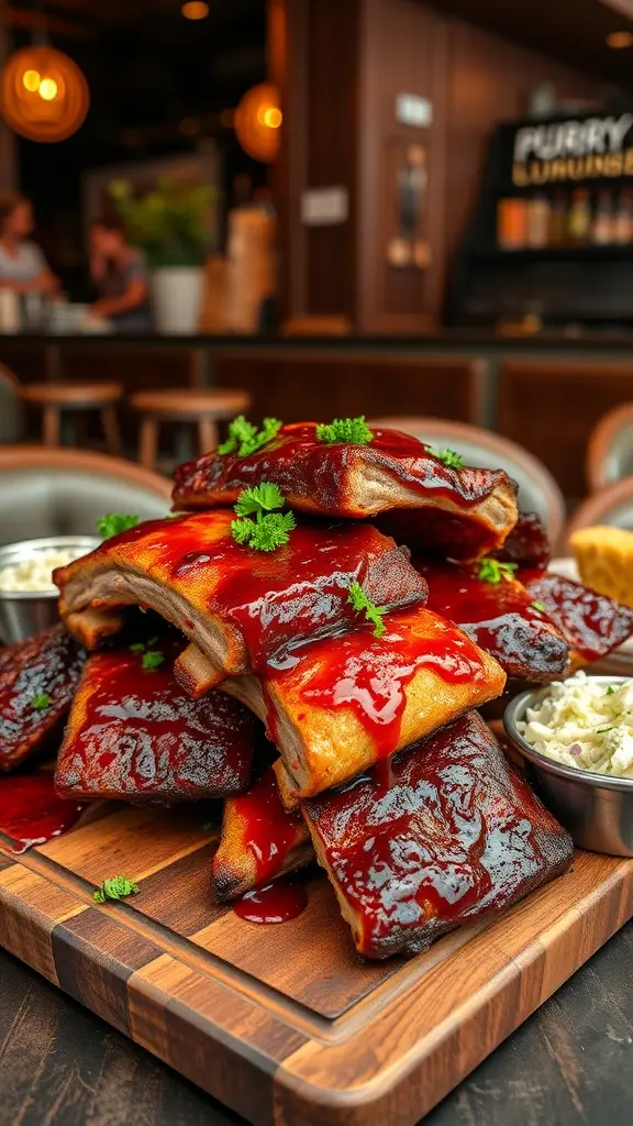 A plate of smoky BBQ ribs with sauce, garnished with parsley, served with coleslaw.