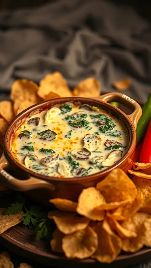 A rich and creamy spinach and artichoke dip served in a clay dish surrounded by tortilla chips.