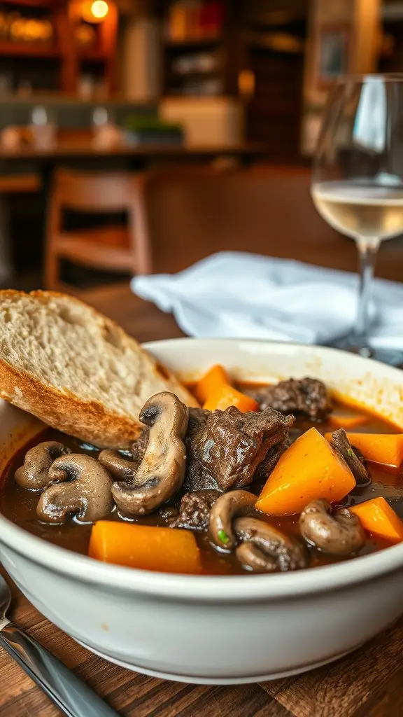 A bowl of Beef Bourguignon with mushrooms and carrots, served with a slice of bread and a glass of white wine.