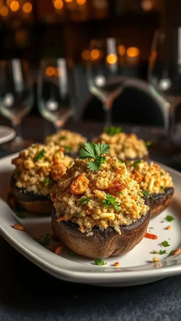 Stuffed portobello mushrooms on a white plate, garnished with parsley, in a dimly lit setting with wine glasses in the background.
