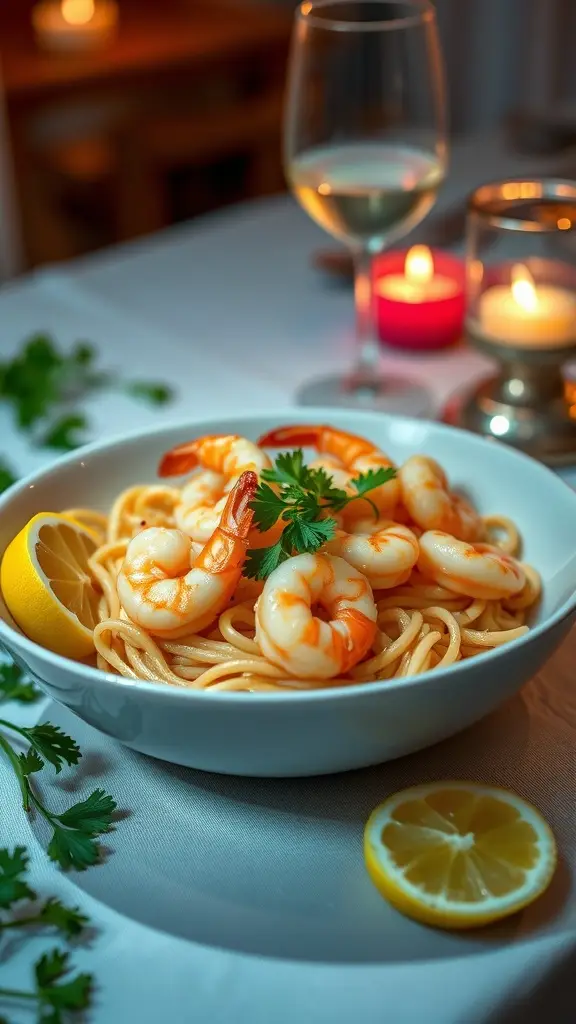 A bowl of shrimp scampi with spaghetti, garnished with parsley and lemon slices, accompanied by a glass of white wine and candles.