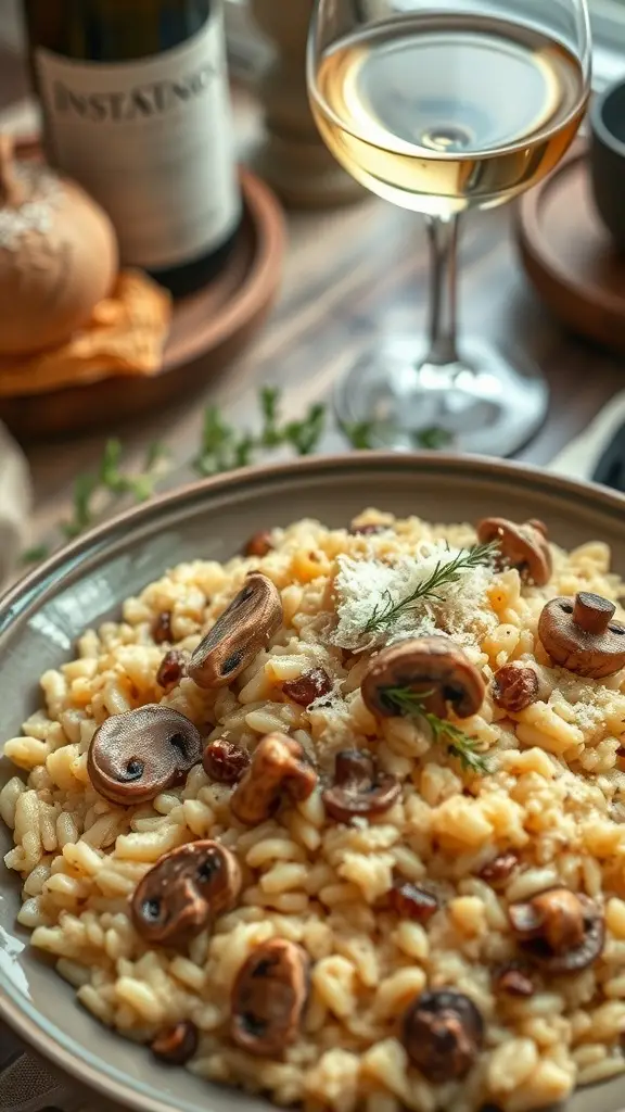 A plate of creamy mushroom risotto garnished with mushrooms and herbs, with a glass of white wine in the background.