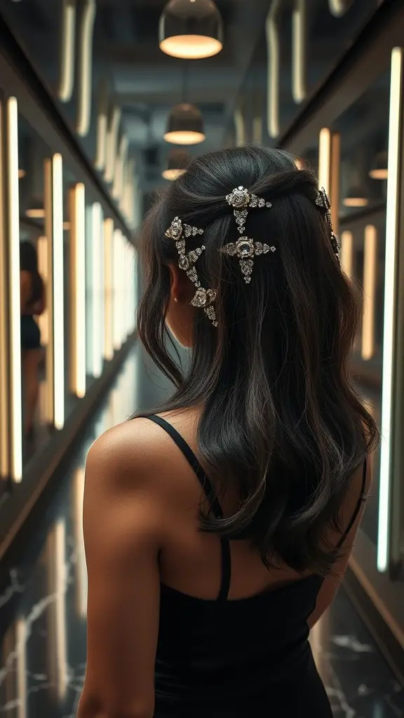 A woman with long hair styled in soft waves adorned with silver Deco clips, showcasing a fringe cut.