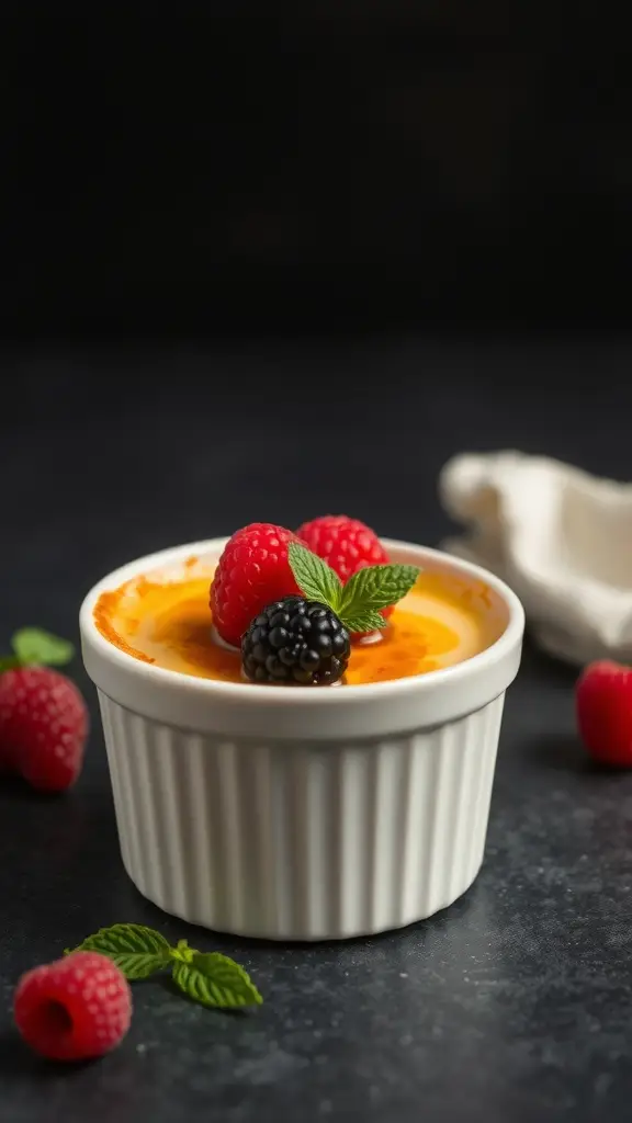 A beautifully presented cream brûlée topped with fresh berries and mint leaves, set against a dark background.