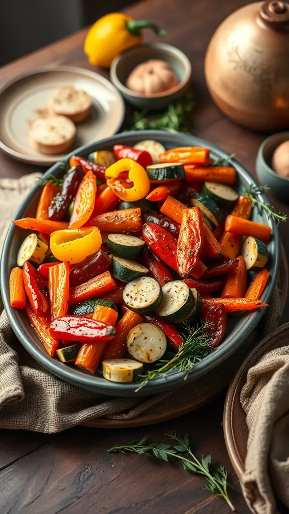 A colorful roasted vegetable medley featuring red and yellow bell peppers, zucchini, and carrots, served in a rustic bowl.