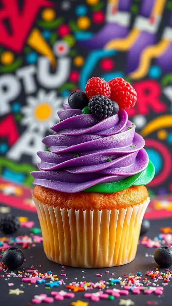 Colorful cupcake with purple and green frosting topped with berries