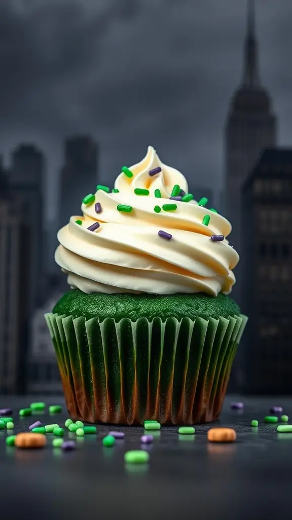 A vibrant green velvet cupcake topped with creamy frosting and colorful sprinkles.