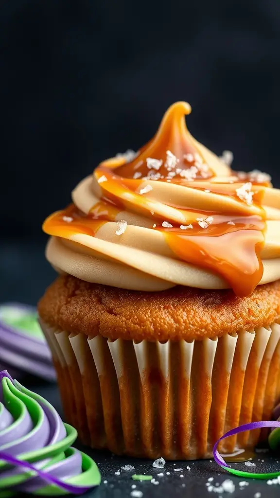 Colorful cupcake with caramel topping and sea salt