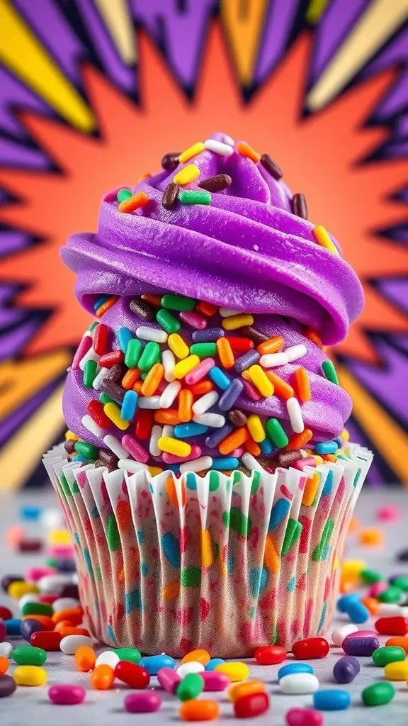 Colorful cupcake with purple frosting and sprinkles